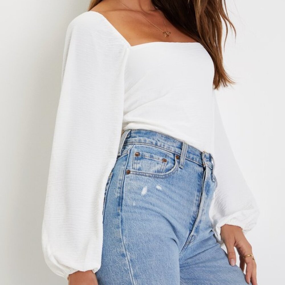 Lulus Abundance Of Love White Textured Long Sleeve Tie-back Bodysuit - Size S